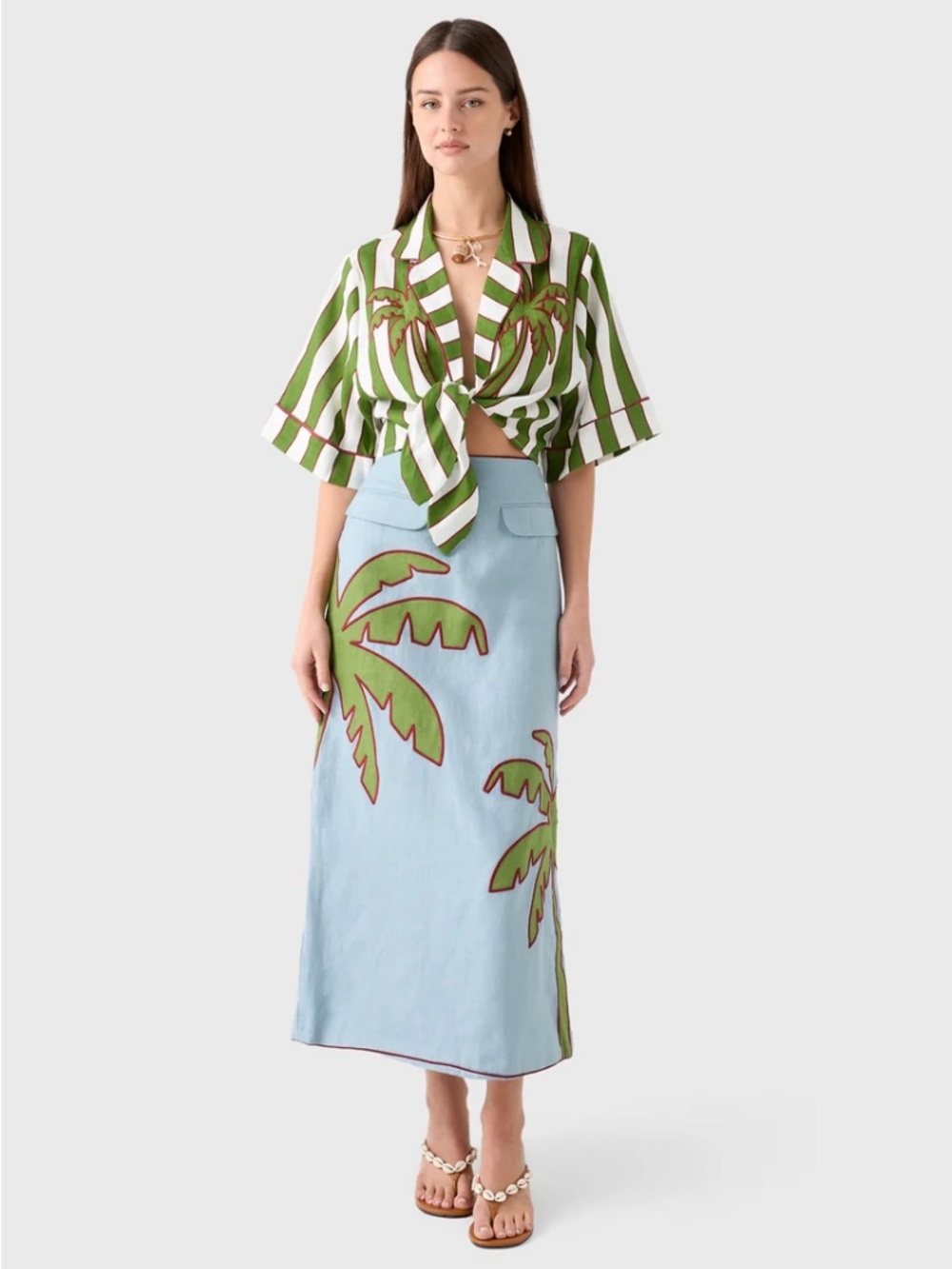 Farm Rio Embroidered Palm Tree Maxi Skirt